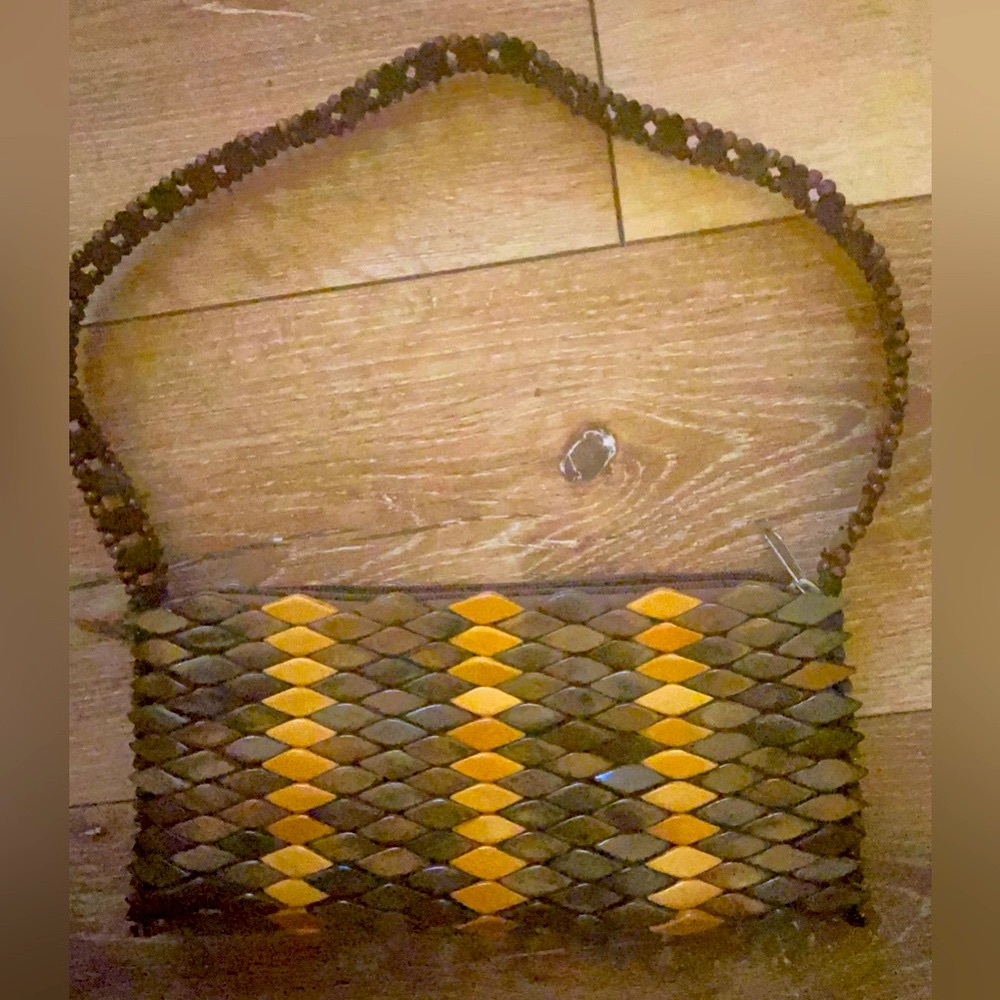 Vintage Lacquered Diamond Shape Wood Hand Bag with Wood Beaded Strap